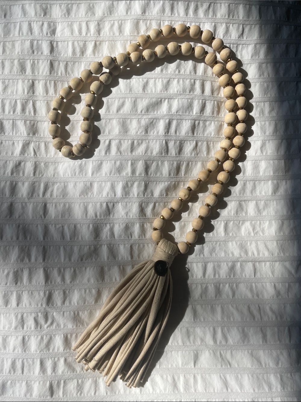 Beige Wooden Bead Tassel Necklace Mala - Women Jewelry